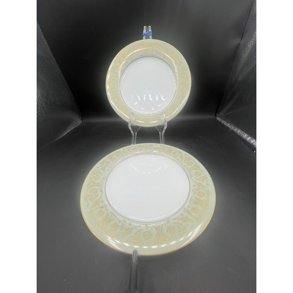 Noritake Viscount 6845 Set of 2 Salad Plates 8-1/4” Green Gold Trim Japan